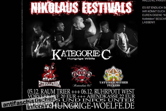 Die extrem rechte Hooliganband Kategorie C kündigte "Nikolaus-Festivals" für den Raum Trier sowie NRW an. Quelle: Screenshot der Homepage von Kategorie C